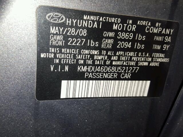 KMHDU46D68U521277 - 2008 HYUNDAI ELANTRA GL GRAY photo 10