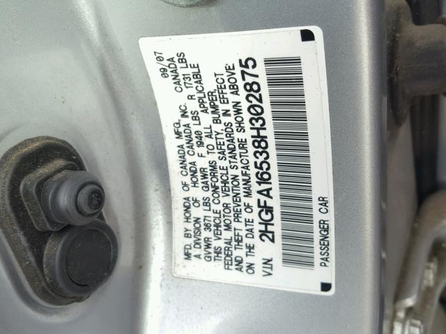 2HGFA16538H302875 - 2008 HONDA CIVIC LX SILVER photo 10