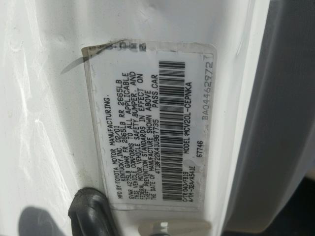 4T1BF22K41U967735 - 2001 TOYOTA CAMRY LE WHITE photo 10