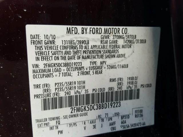 2FMGK5DC3BBD19223 - 2011 FORD FLEX LIMIT MAROON photo 10