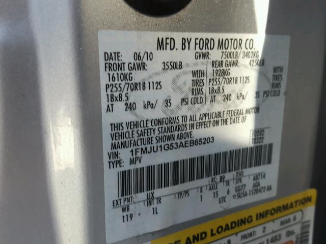 1FMJU1G53AEB65203 - 2010 FORD EXPEDITION SILVER photo 10