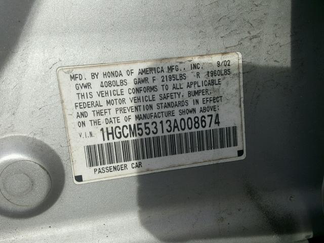 1HGCM55313A008674 - 2003 HONDA ACCORD LX SILVER photo 10