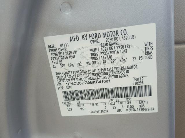 1FMCU0DG9BKB41001 - 2011 FORD ESCAPE XLT SILVER photo 10