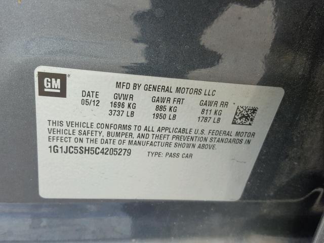 1G1JC5SH5C4205279 - 2012 CHEVROLET SONIC LT GRAY photo 10