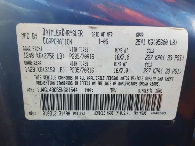 1J4GL48K65W601544 - 2005 JEEP LIBERTY SP BLUE photo 10