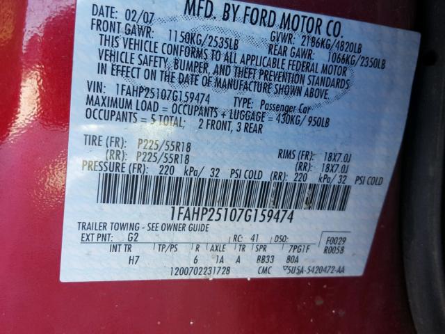 1FAHP25107G159474 - 2007 FORD FIVE HUNDR RED photo 10