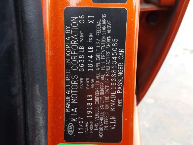 KNADE163386345085 - 2008 KIA RIO 5 SX ORANGE photo 10