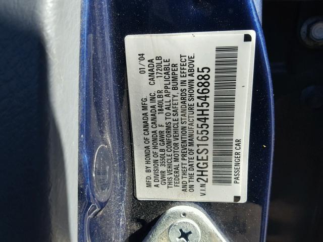 2HGES16554H546885 - 2004 HONDA CIVIC LX BLUE photo 10