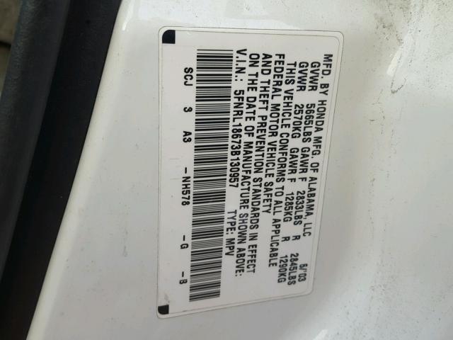 5FNRL18673B130957 - 2003 HONDA ODYSSEY EX WHITE photo 10