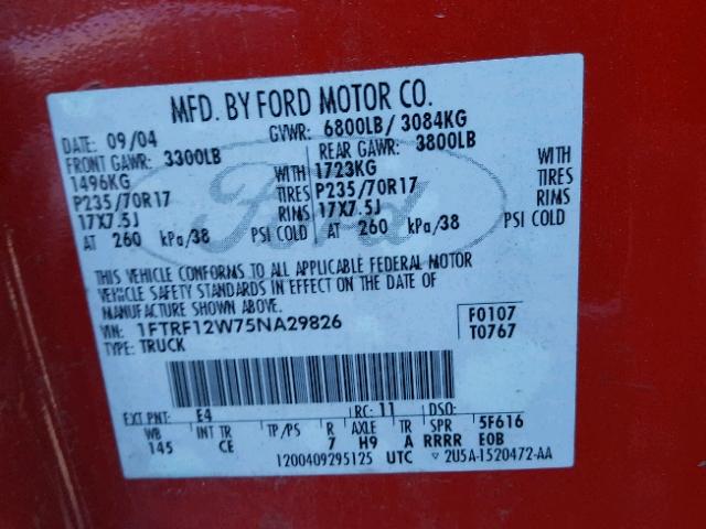 1FTRF12W75NA29826 - 2005 FORD F150 RED photo 10