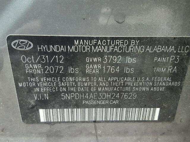 5NPDH4AE3DH247629 - 2013 HYUNDAI ELANTRA GL GRAY photo 10