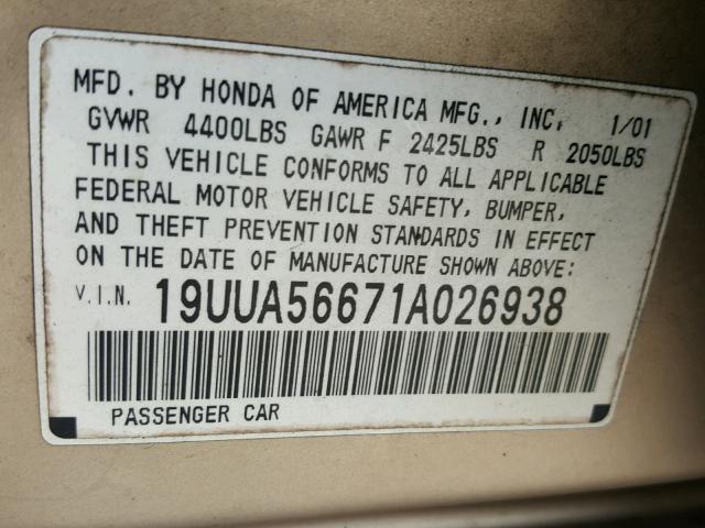 19UUA56671A026938 - 2001 ACURA 3.2TL WHITE photo 10