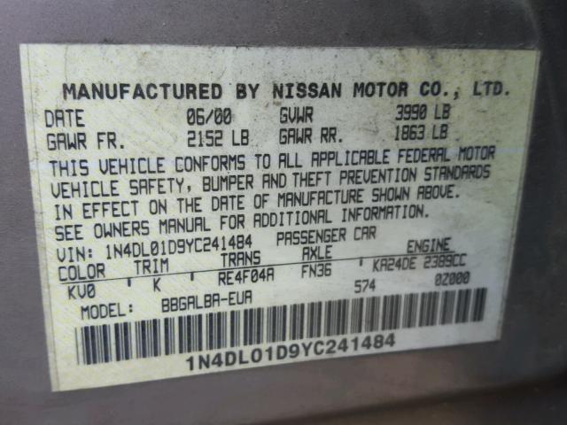 1N4DL01D9YC241484 - 2000 NISSAN ALTIMA XE TAN photo 10