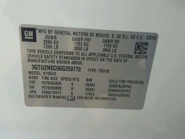 3GTU2NEC9GG259779 - 2016 GMC SIERRA K15 WHITE photo 10