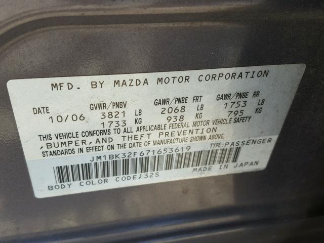 JM1BK32F671653619 - 2007 MAZDA 3 I GRAY photo 10