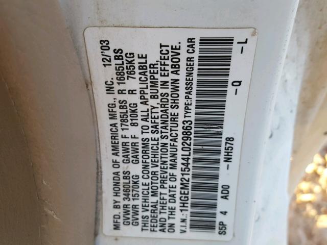 1HGEM21544L029863 - 2004 HONDA CIVIC LX WHITE photo 10