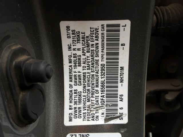 1HGFA16566L132950 - 2006 HONDA CIVIC LX GRAY photo 10