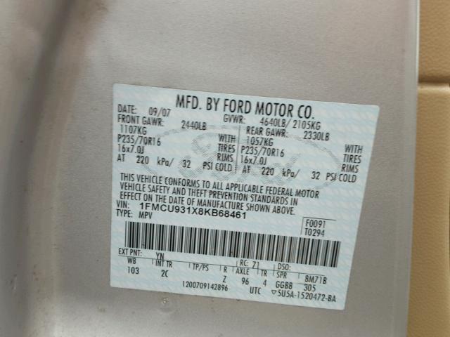 1FMCU931X8KB68461 - 2008 FORD ESCAPE XLT SILVER photo 10