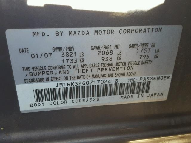 JM1BK32G071702418 - 2007 MAZDA 3 I GRAY photo 10