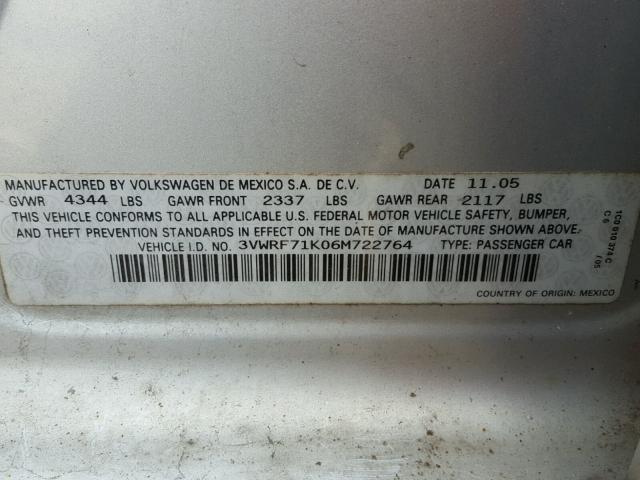 3VWRF71K06M722764 - 2006 VOLKSWAGEN JETTA 2.5 SILVER photo 10