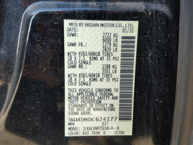 5N1AR1NN1AC624177 - 2010 NISSAN PATHFINDER BLACK photo 10