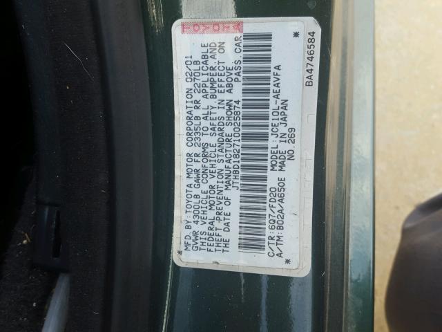 JTHBD182710025874 - 2001 LEXUS IS 300 GREEN photo 10