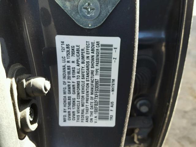 19XFB2F7XFE030997 - 2015 HONDA CIVIC SE GRAY photo 10