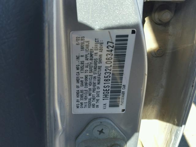 1HGES16532L063427 - 2002 HONDA CIVIC LX SILVER photo 10