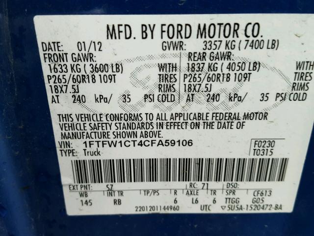 1FTFW1CT4CFA59106 - 2012 FORD F150 SUPER BLUE photo 10