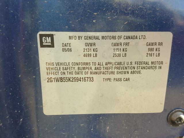 2G1WB55K269416733 - 2006 CHEVROLET IMPALA LS BLUE photo 10