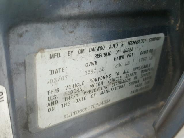 KL1TD66617B784338 - 2007 CHEVROLET AVEO BASE ლურჯი ფოტო 10