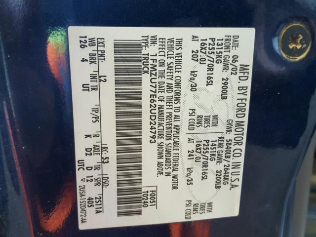 1FMZU77E62UD24793 - 2002 FORD EXPLORER S BLUE photo 10