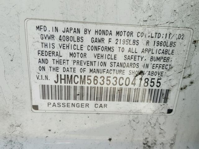 JHMCM56353C041855 - 2003 HONDA ACCORD LX WHITE photo 10