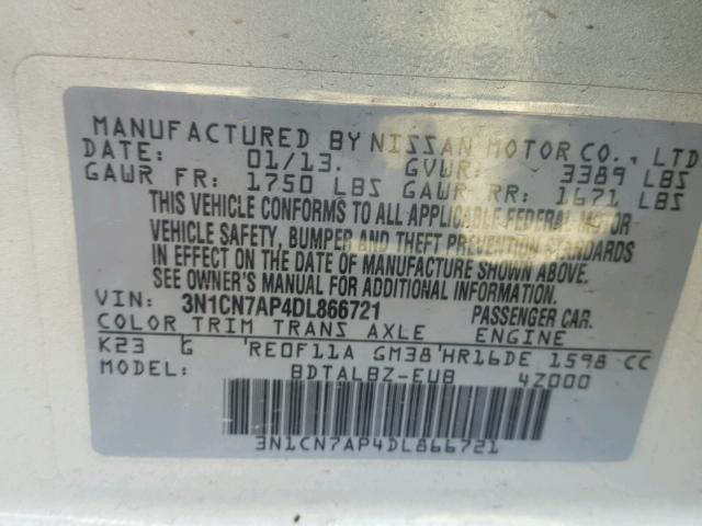 3N1CN7AP4DL866721 - 2013 NISSAN VERSA S SILVER photo 10