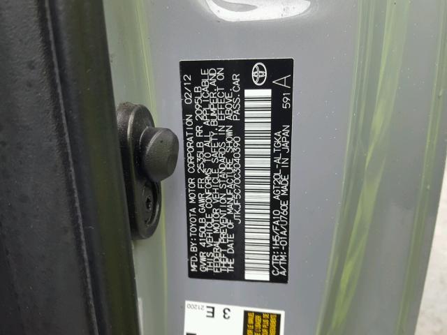 JTKJF5C70C3040390 - 2012 TOYOTA SCION TC 灰色 照片 10