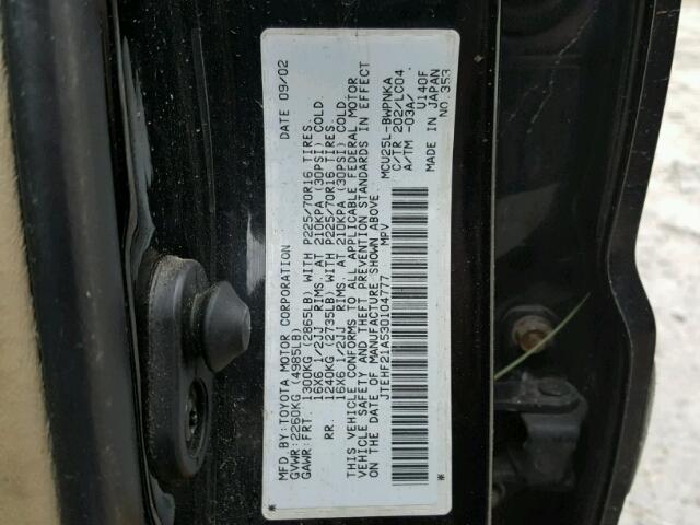 JTEHF21A530104777 - 2003 TOYOTA HIGHLANDER BLACK photo 10