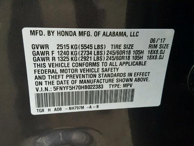 5FNYF5H70HB022383 - 2017 HONDA PILOT EXLN CHARCOAL photo 10