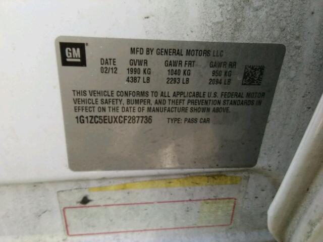 1G1ZC5EUXCF287736 - 2012 CHEVROLET MALIBU 1LT 白色 照片 10