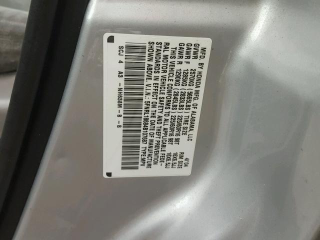 5FNRL18684B107687 - 2004 HONDA ODYSSEY EX SILVER photo 10