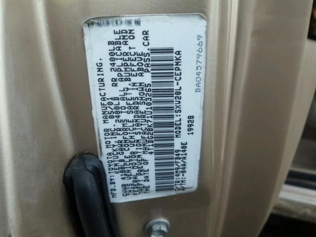 4T1BG28K71U103265 - 2001 TOYOTA CAMRY CE TAN photo 10