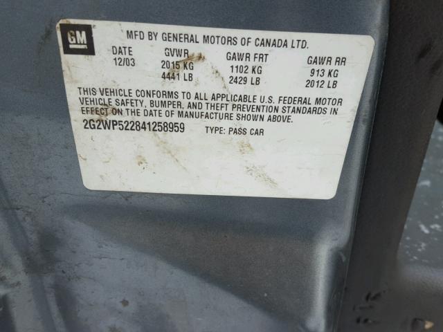 2G2WP522841258959 - 2004 PONTIAC GRAND PRIX SILVER photo 10