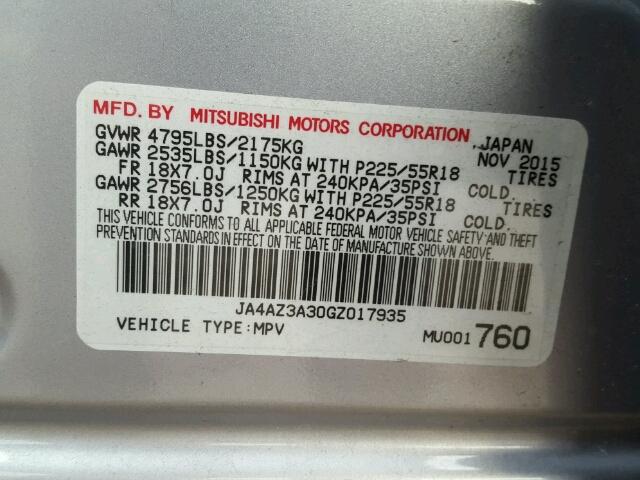 JA4AZ3A30GZ017935 - 2016 MITSUBISHI OUTLANDER SILVER photo 10