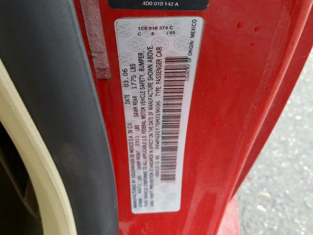 3VWRG31Y76M319696 - 2006 VOLKSWAGEN NEW BEETLE 红色 照片 10