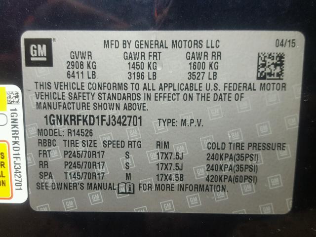 1GNKRFKD1FJ342701 - 2015 CHEVROLET TRAVERSE L BLUE photo 10