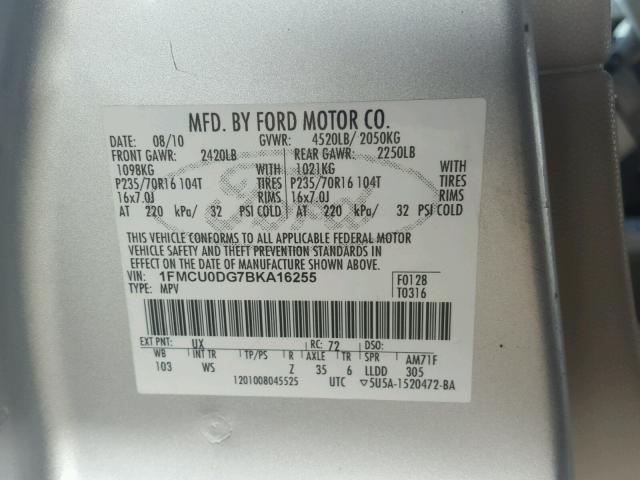 1FMCU0DG7BKA16255 - 2011 FORD ESCAPE XLT SILVER photo 10