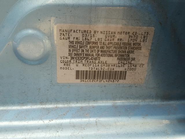 3N1CE2CP3FL424872 - 2015 NISSAN VERSA NOTE BLUE photo 10