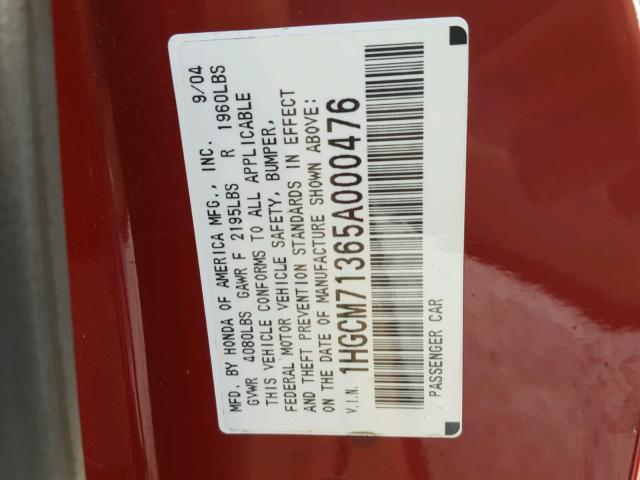 1HGCM71365A000476 - 2005 HONDA ACCORD LX RED photo 10