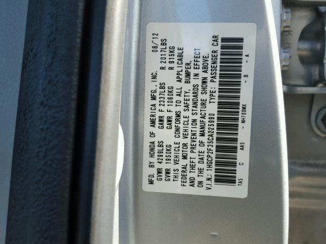 1HGCP2F35CA225990 - 2012 HONDA ACCORD LX SILVER photo 10