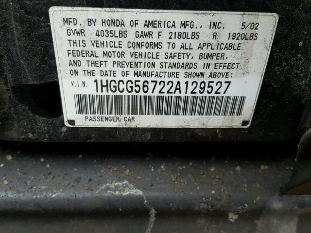 1HGCG56722A129527 - 2002 HONDA ACCORD SE BLACK photo 10