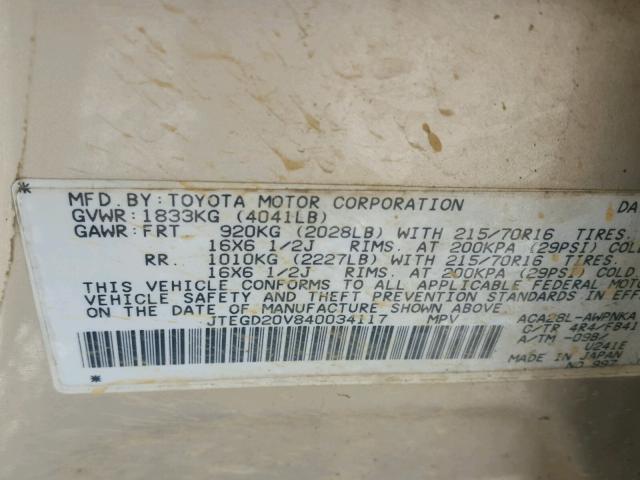 JTEGD20V840034117 - 2004 TOYOTA RAV4 GOLD photo 10